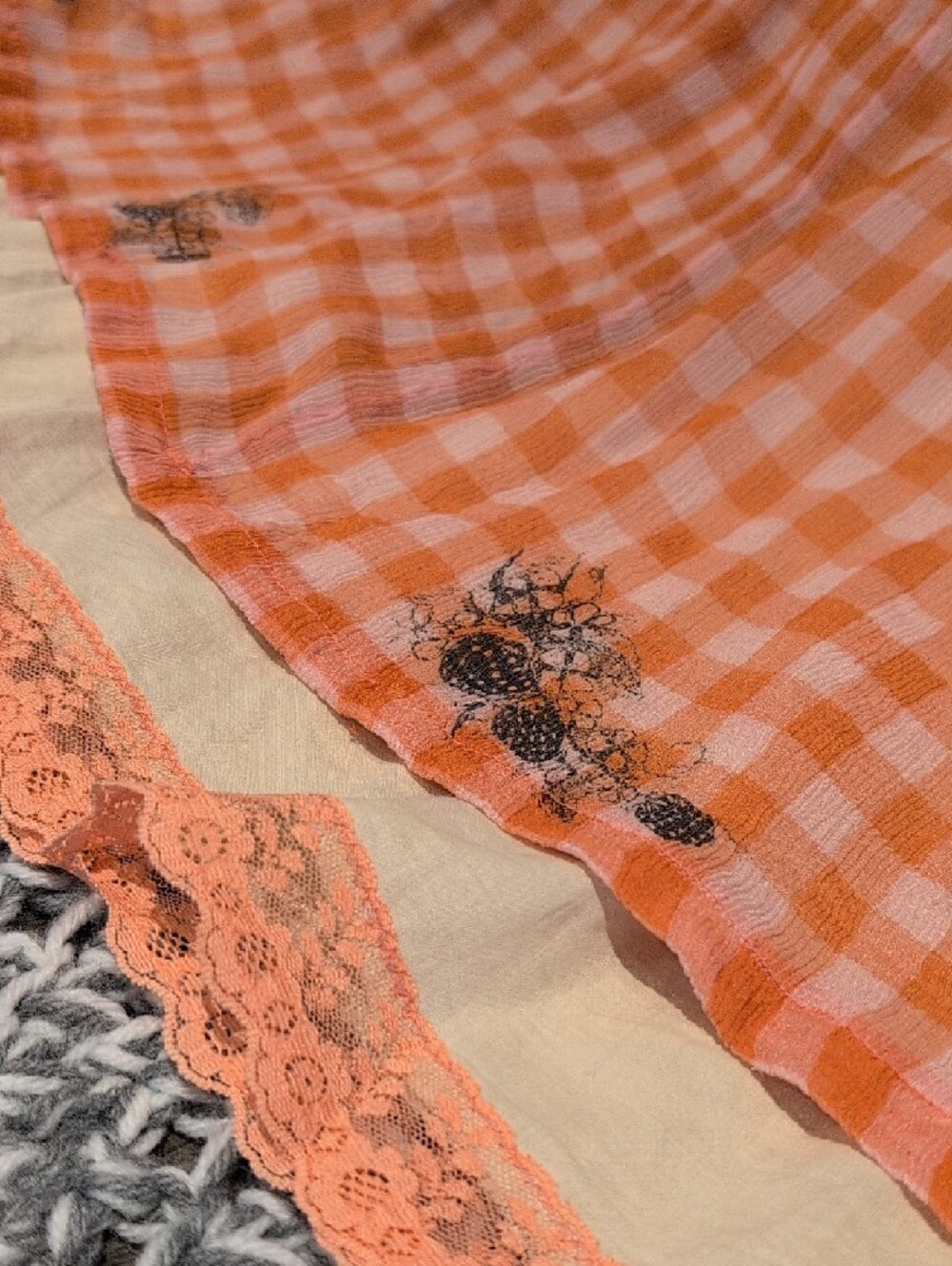 429 - Orange Gingham Mini Skirt • Y2K Cottagecore • Ruffle Hem Lace Trim • Retro - Picture 3 of 11